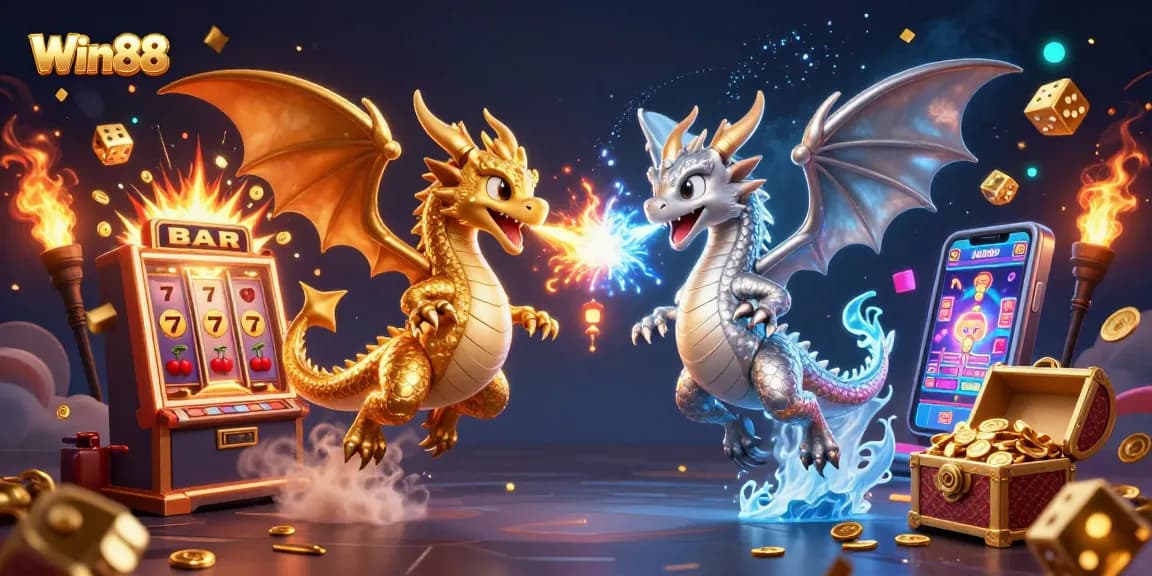 Experience thrilling gameplay at Win88 with dragons, slot machines, and dazzling coins.