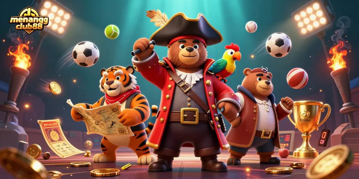 Join the excitement at menangclub88 with a vibrant casino scene featuring a pirate bear, tiger, and sports action.