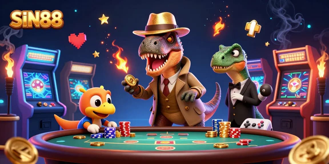 SIN88 showcases a lively casino scene with a velociraptor card counter and colorful arcade elements.