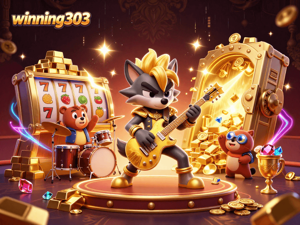 Winning303 captivates players with a vibrant 3D casino scene featuring a rock star wolf and treasure.