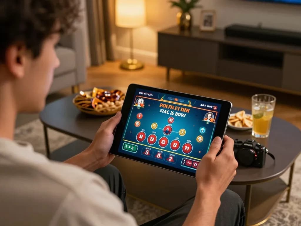 Player engaging with 88aa live dealer game on a tablet in a cozy home setting, highlighting a strategic gaming experience