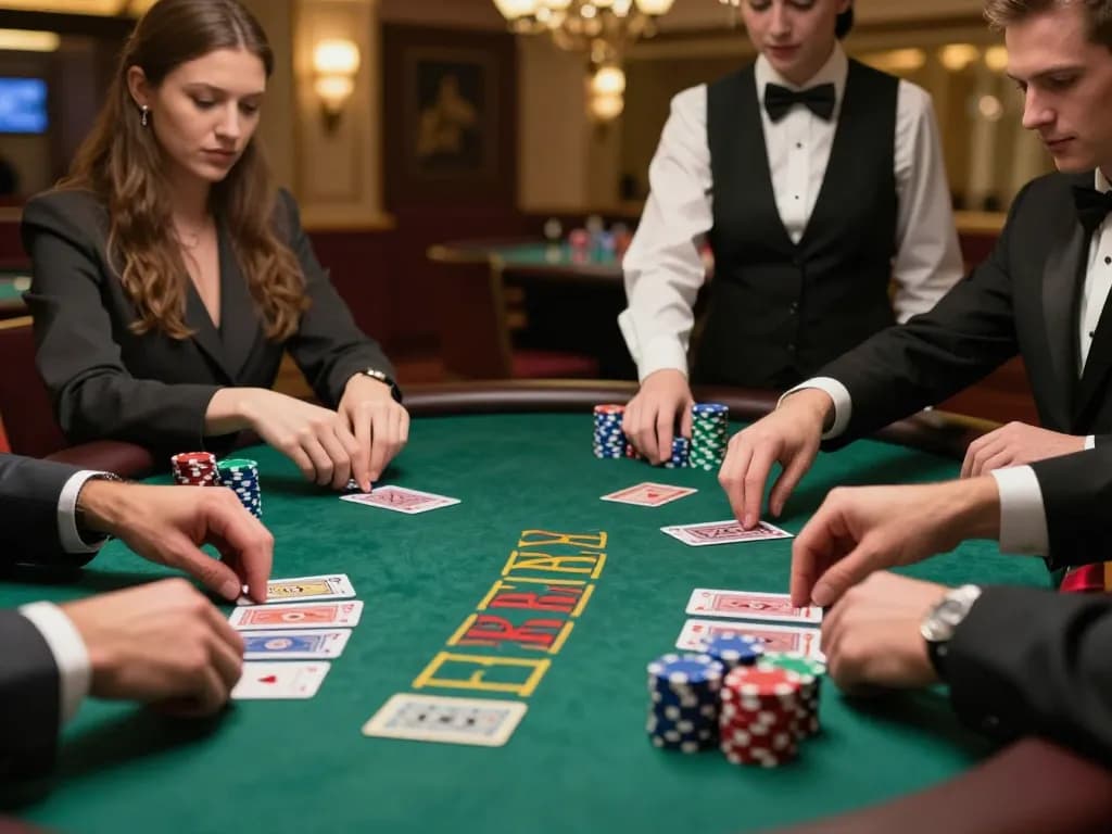 TT88 blackjack game in action with players strategizing bets at a vibrant casino table.
