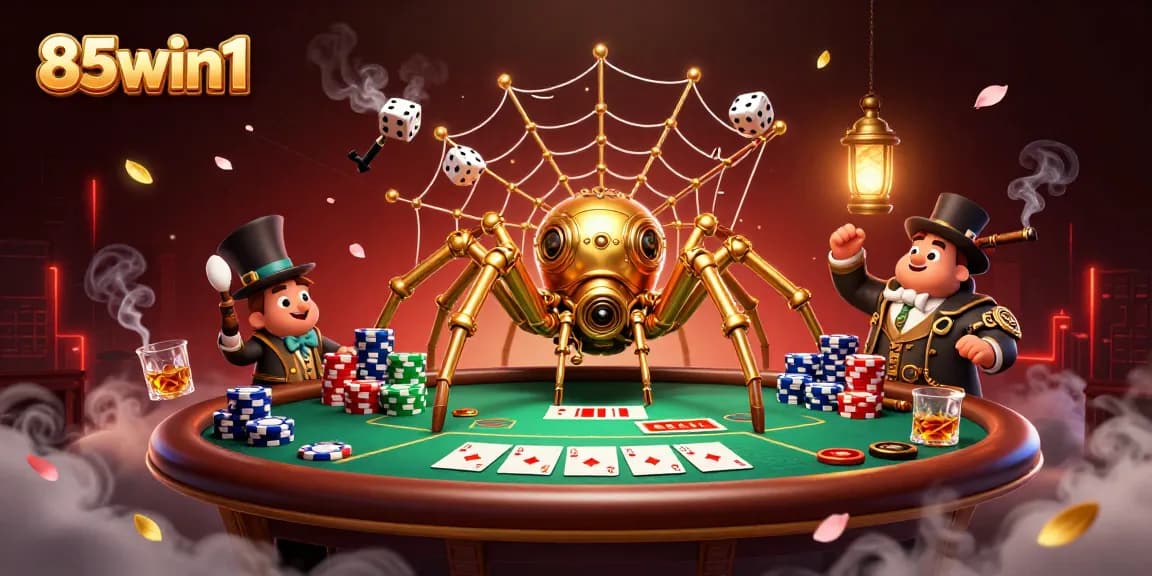 Engage in thrilling 85win1 action with a steampunk spider and poker elements in this colorful scene.