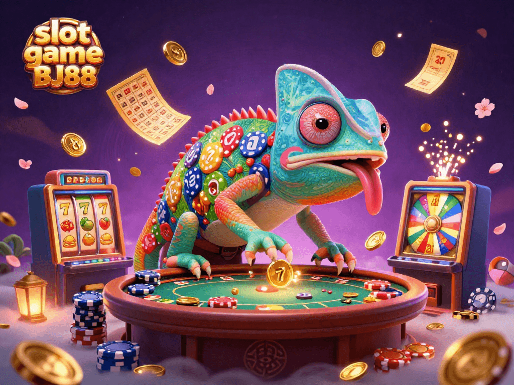 Engage with the slot game BJ88, illustrated by a chameleon casino owner amidst vibrant gaming elements.