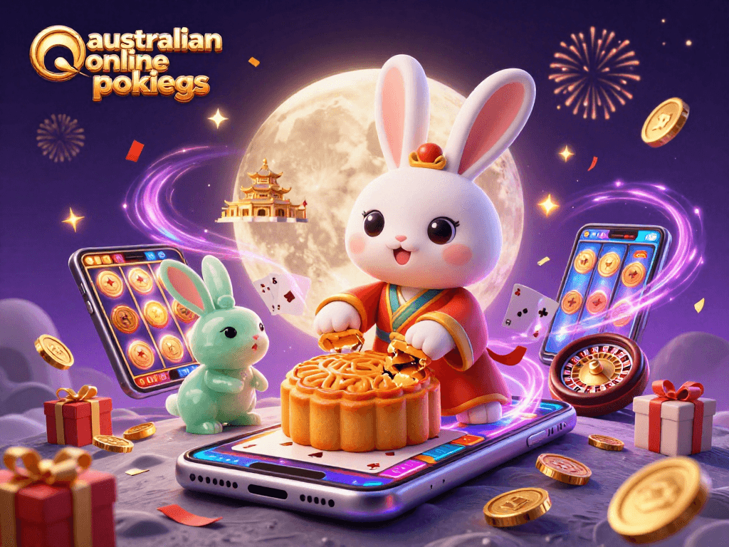 Play exciting australian online pokies with vibrant visuals of slot games, poker chips, and festive elements.