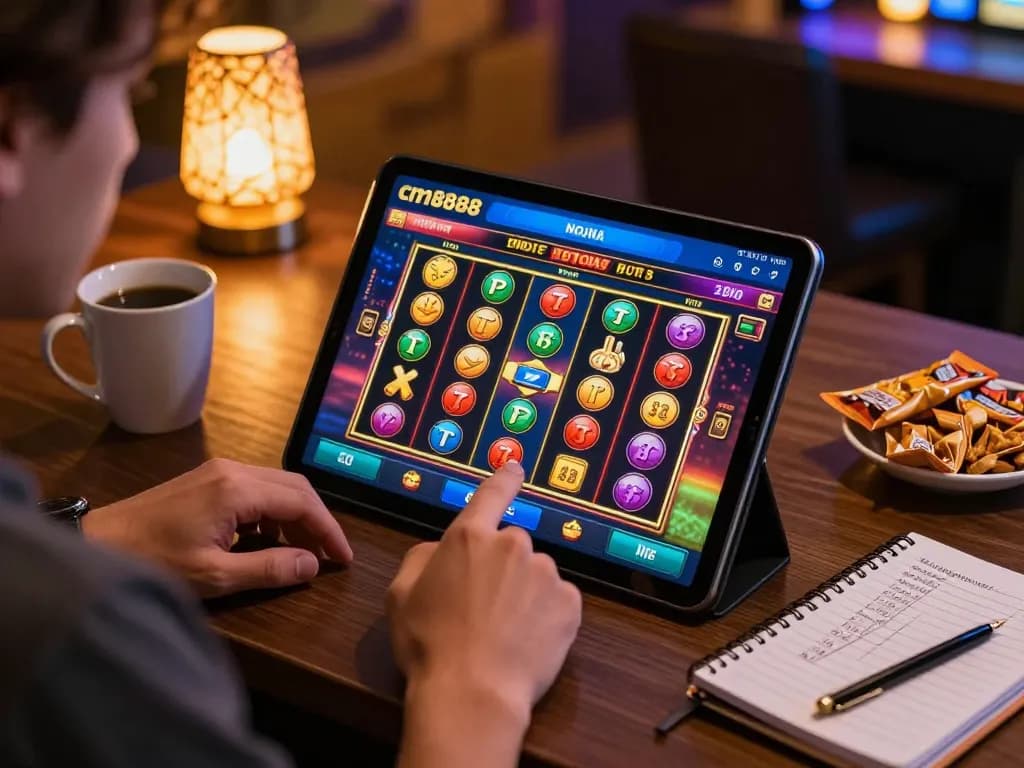 Player enjoying cm8888 slot game on tablet in cozy home setup.