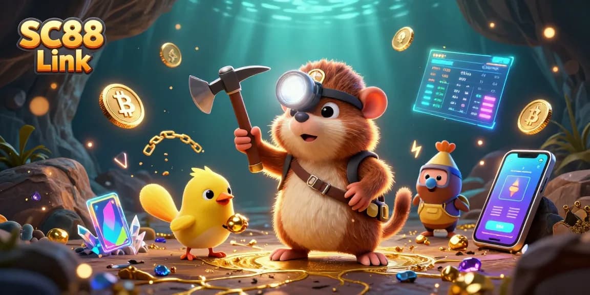 Engage with SC88 Link, showcasing a vibrant 3D treasure hunter scene with crypto elements.