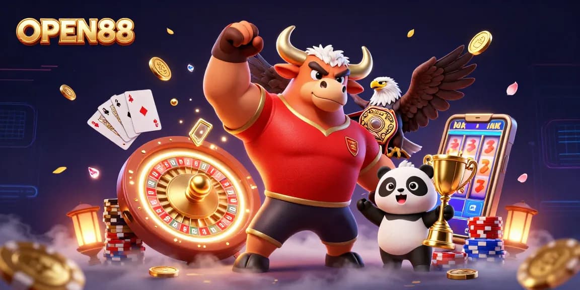Win big with OPEN88 showcasing dynamic gambling action featuring a bull mascot and slot machines.