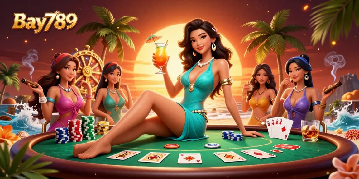 Experience Bay789's vibrant online gaming with a glamorous character and rich casino elements.