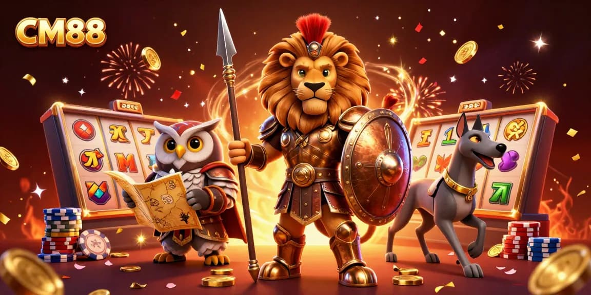 Experience the thrill of CM88 with an exciting casino scene featuring a brave Spartan lion, a wise owl, and a swift greyhound.