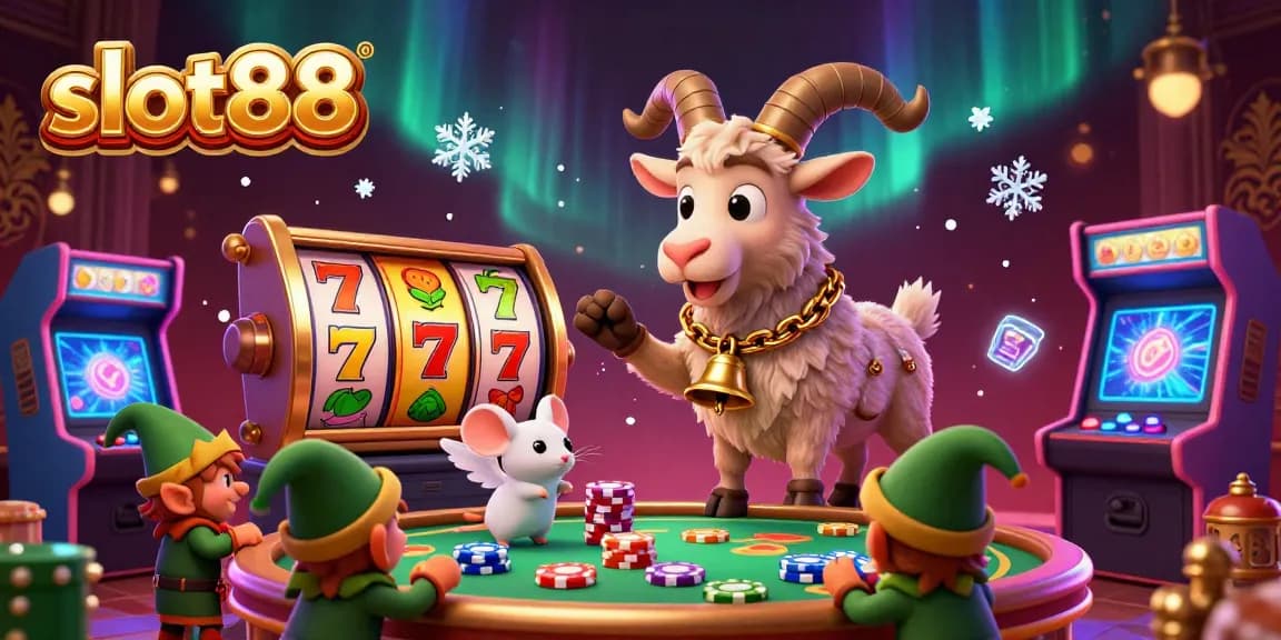 Experience slot88 excitement with a festive casino scene including playful characters and vibrant slot reels.