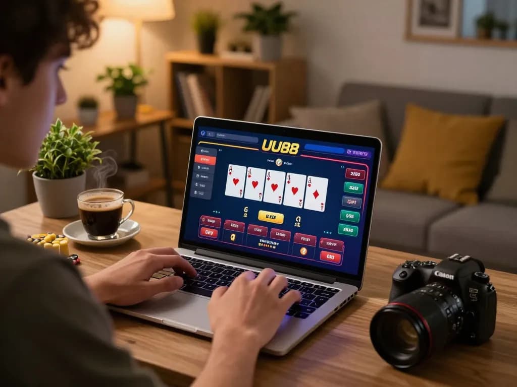 Player immersed in UU88 online casino game at home, showcasing strategy and focus during gameplay.