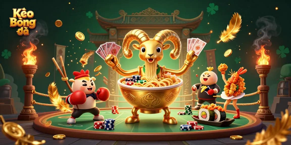 Kèo Bóng Đá features a dynamic 3D scene with a ramen bowl character dealing cards and stacking chips in a vibrant betting arena.