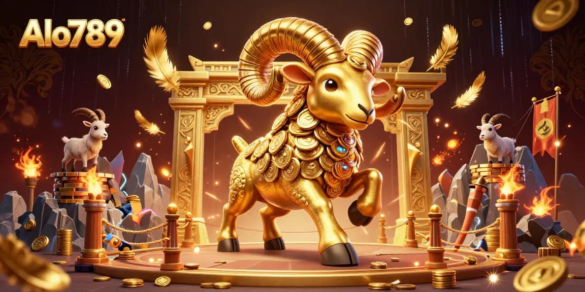Alo789 features a golden ram charging through a dazzling online casino scene with dynamic betting elements.