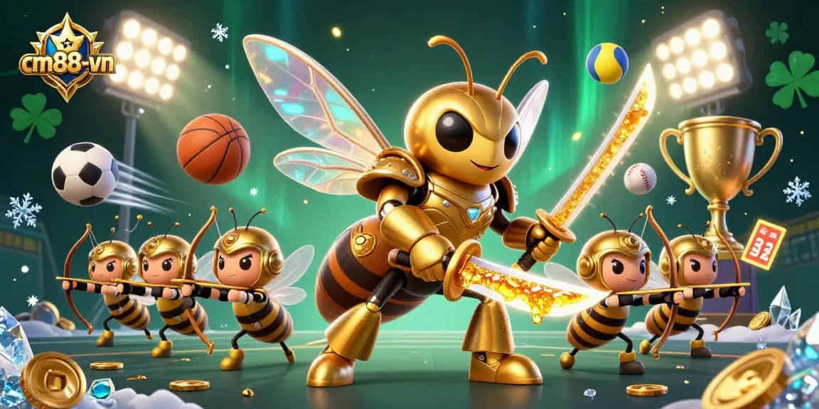 Engage in the cm88-vn online casino with a dynamic scene of a golden hornet samurai and bee archers competing in thrilling games.