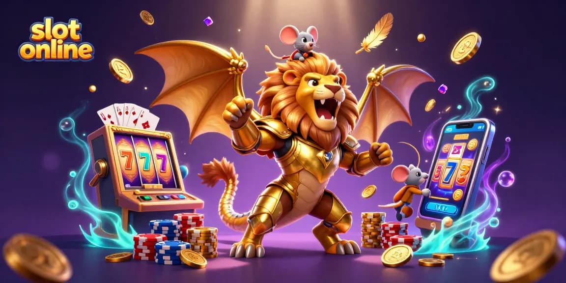 Experience thrilling slot online action with a chimera and mouse jockey amidst golden coins and vibrant game reels.
