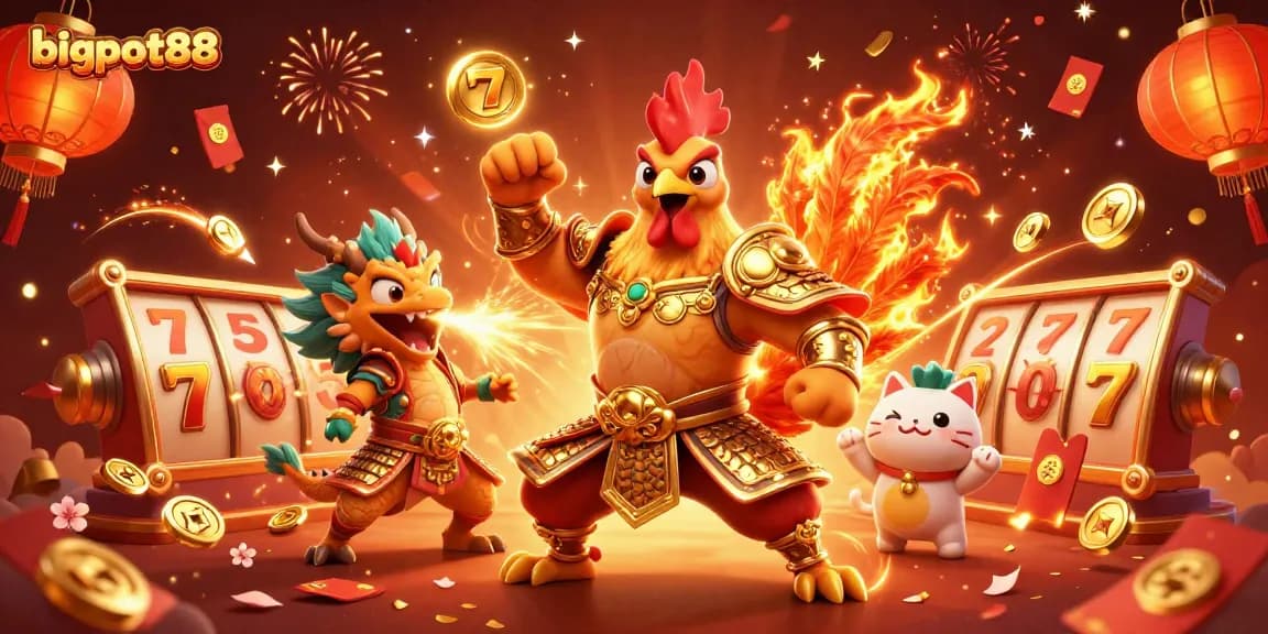 Experience bigpot88's thrilling gaming adventure with vibrant 3D characters and festive casino elements.