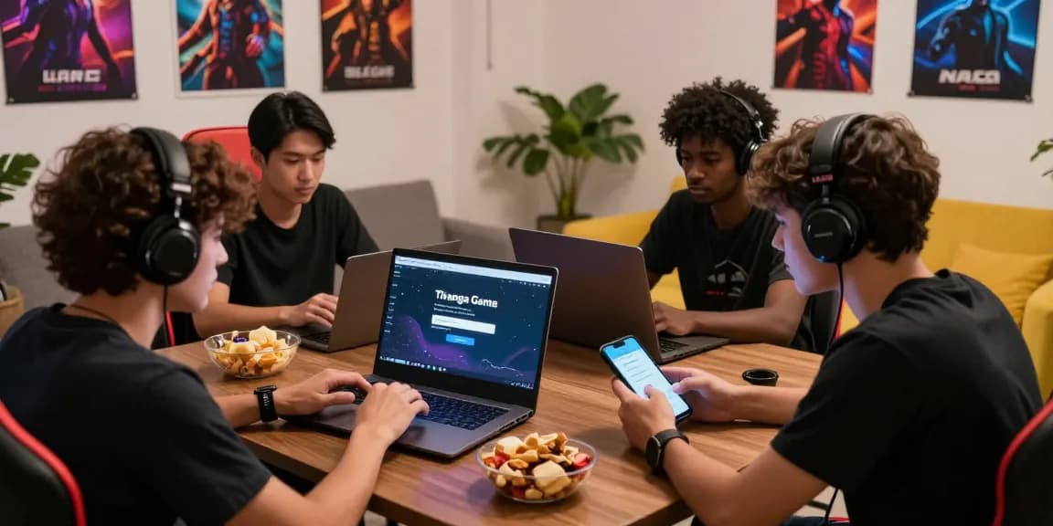 Tiranga Game Login - Group of young adults engaged in exciting online gaming experience, showcasing login process on modern laptop and smartphones.