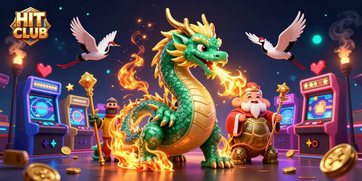Engage with HIT CLUB games as a jade dragon ignites gold, immersing players in vibrant action.