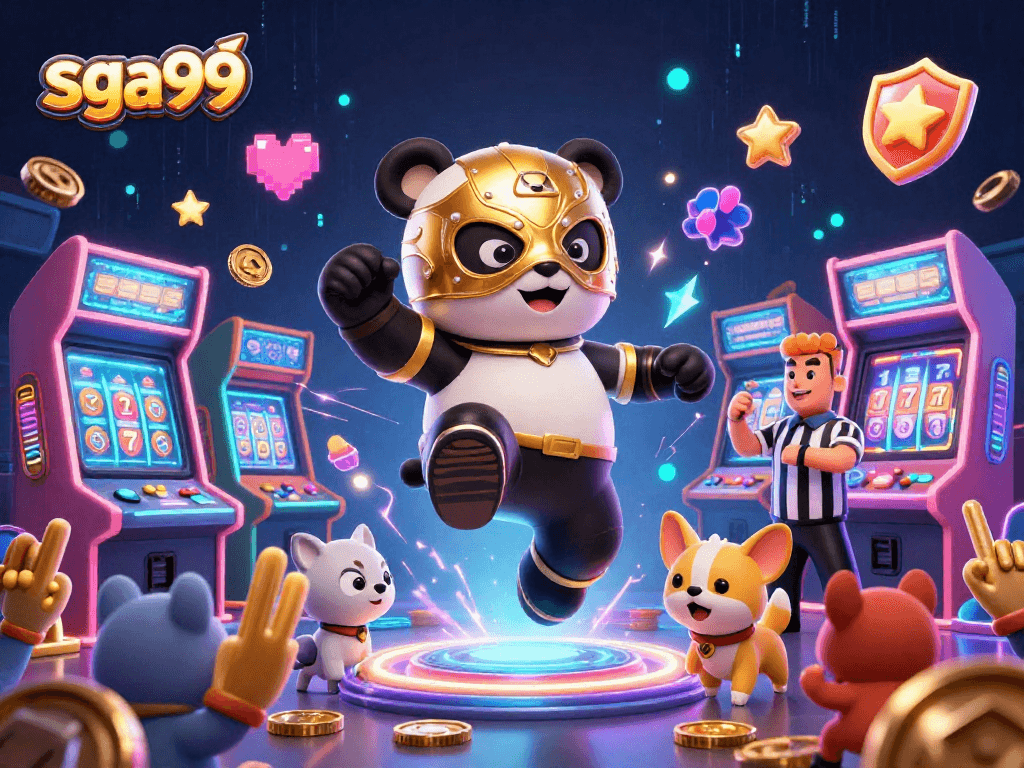 Engage with SGA99's thrilling casino scene featuring a panda wrestler and lively gameplay.