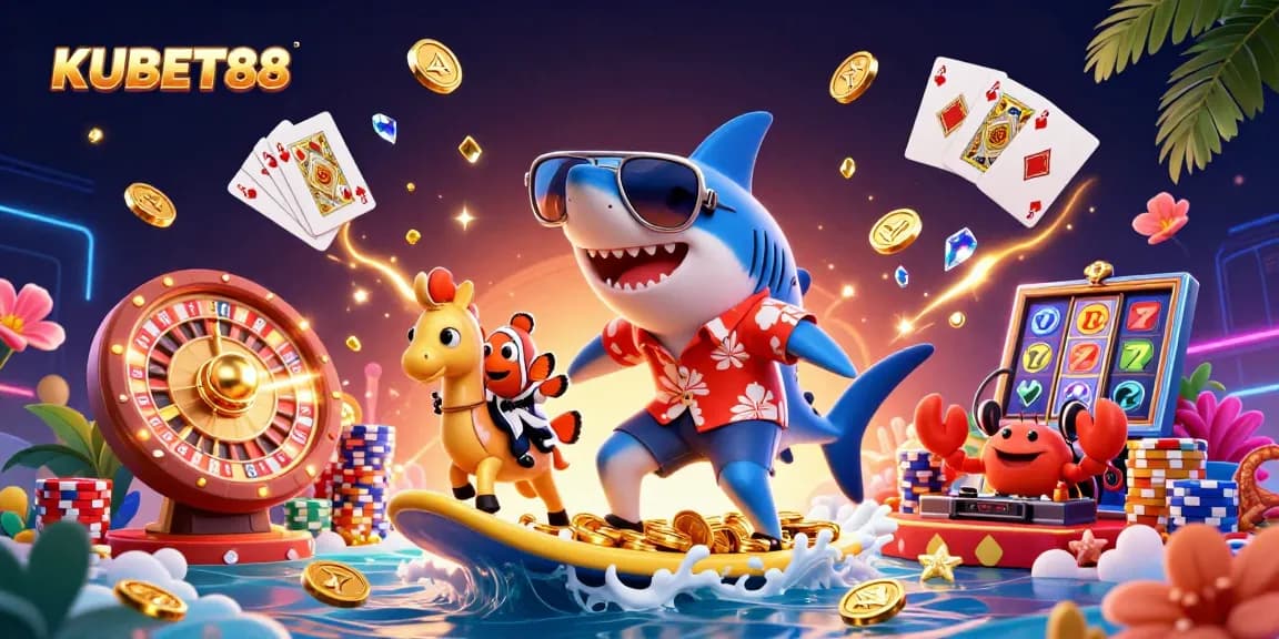 Join the fun at KUBET88 with this vibrant 3D casino illustration featuring dynamic games and exciting jackpots.