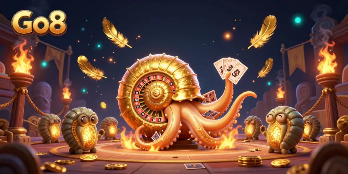 Engage in thrilling gameplay at Go8 with a vibrant illustration of ancient nautilus and golden elements.