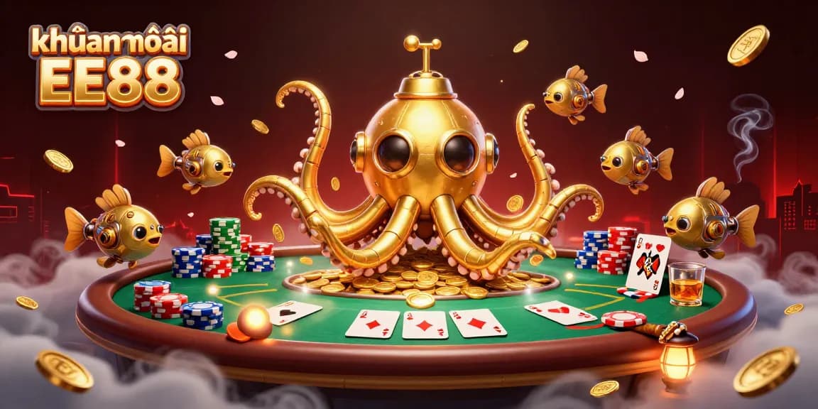 Experience the excitement of khuyến mãi EE88 with a thrilling 3D casino scene showcasing a golden kraken submarine.