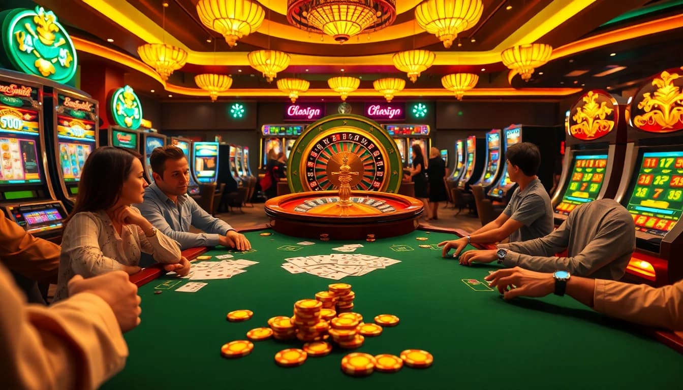 Experience thrilling gameplay at viral4d with players at a vibrant poker table and slot machines.