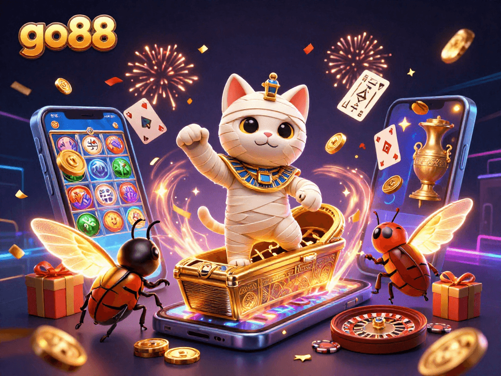 Experience thrilling slots and casino vibes with go88's vibrant 3D scene featuring an Egyptian mummy cat.