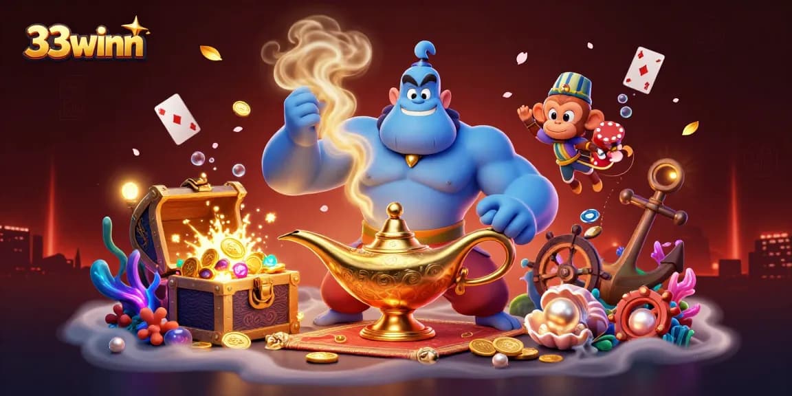 Engage with 33winn's vibrant gaming atmosphere featuring a magical genie and poker chips.