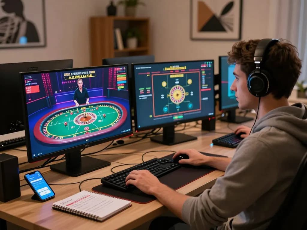 Gameradar - Engaging in strategic online casino gameplay with vibrant roulette and notebook notes.