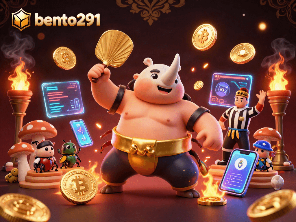 Bento291 offers an exciting scene featuring a rhinoceros beetle sumo champion amidst flying coins and crypto elements