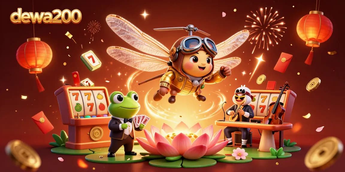 Menghadirkan dewa200 dalam ilustrasi kasino yang meriah dengan croupier katak dan pemain musik