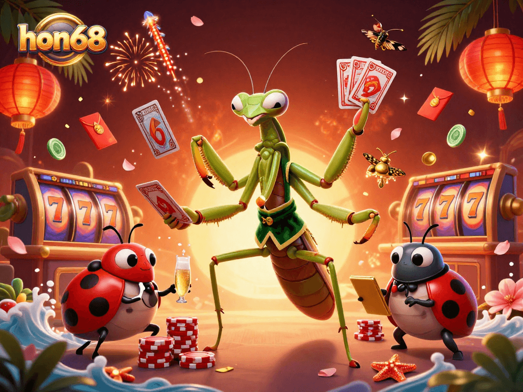 Experience exhilarating gaming at hon68 with a vibrant 3D casino scene showcasing slot reels and celebratory elements.