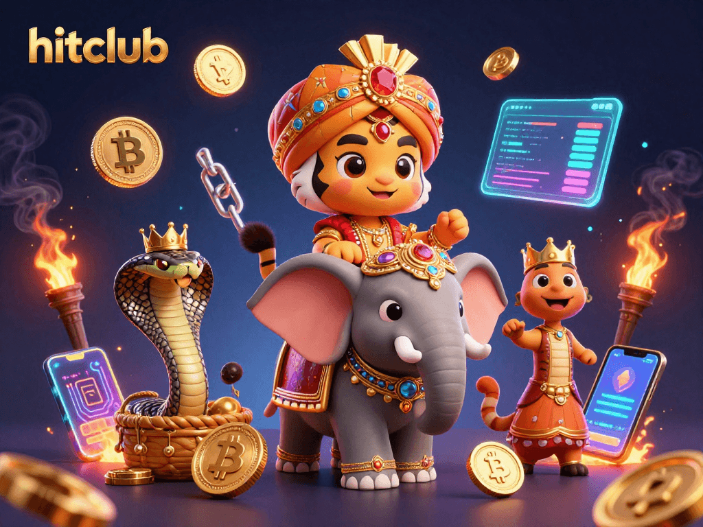 Experience hitclub's vibrant gaming scene with an ultra-detailed illustration of a maharaja, elephant, and cobra among crypto elements.