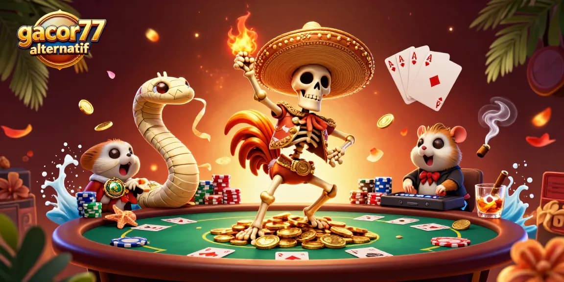 Menghadirkan Gacor77 alternatif, skeleton mariachi dan ular mummy di latar kasino yang ramai.