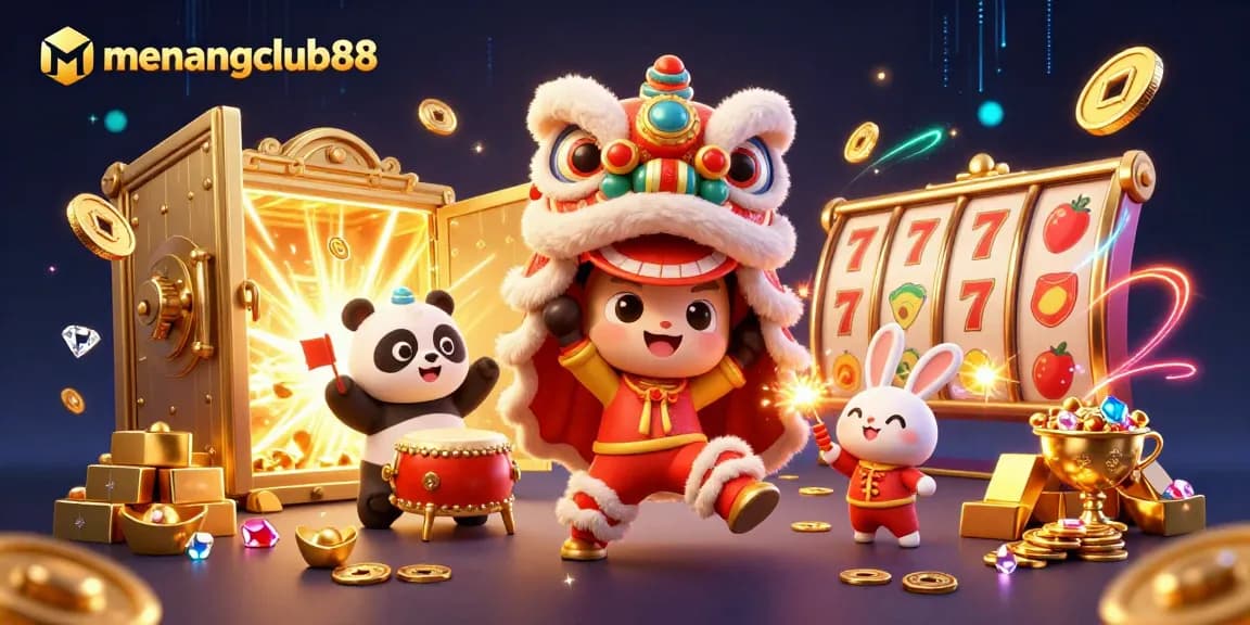 Engage in winning strategies with menangclub88 in this vibrant 3D casino scene featuring a lion dance.