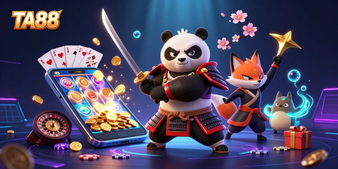 Engage with the TA88 gaming experience through a vibrant scene filled with animated casino elements and characters.