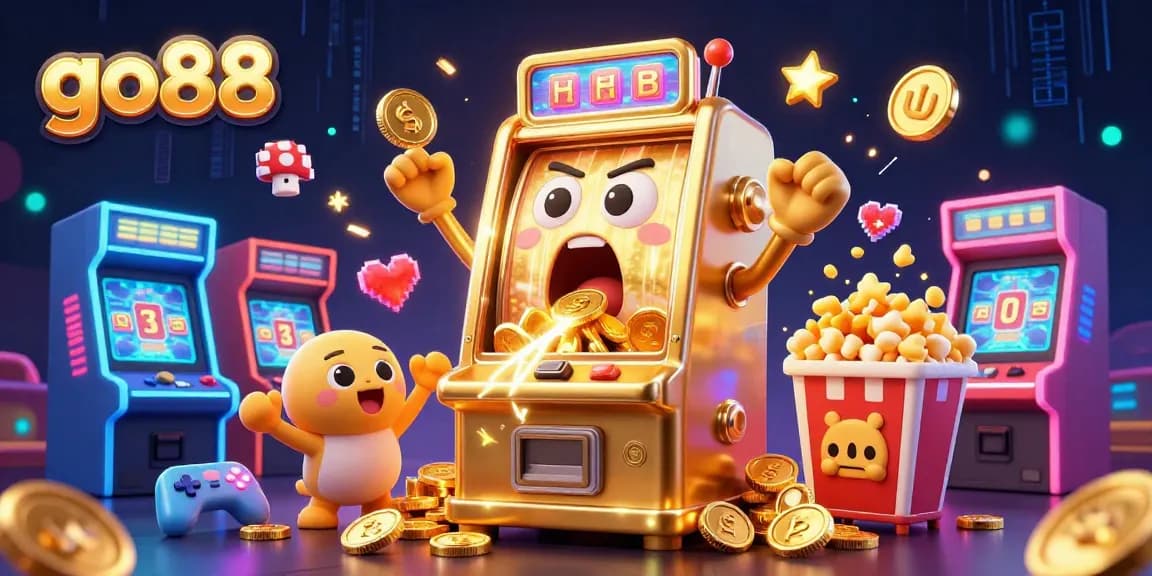 Celebrate winning big with go88 at this vibrant casino scene featuring animated slot machines.