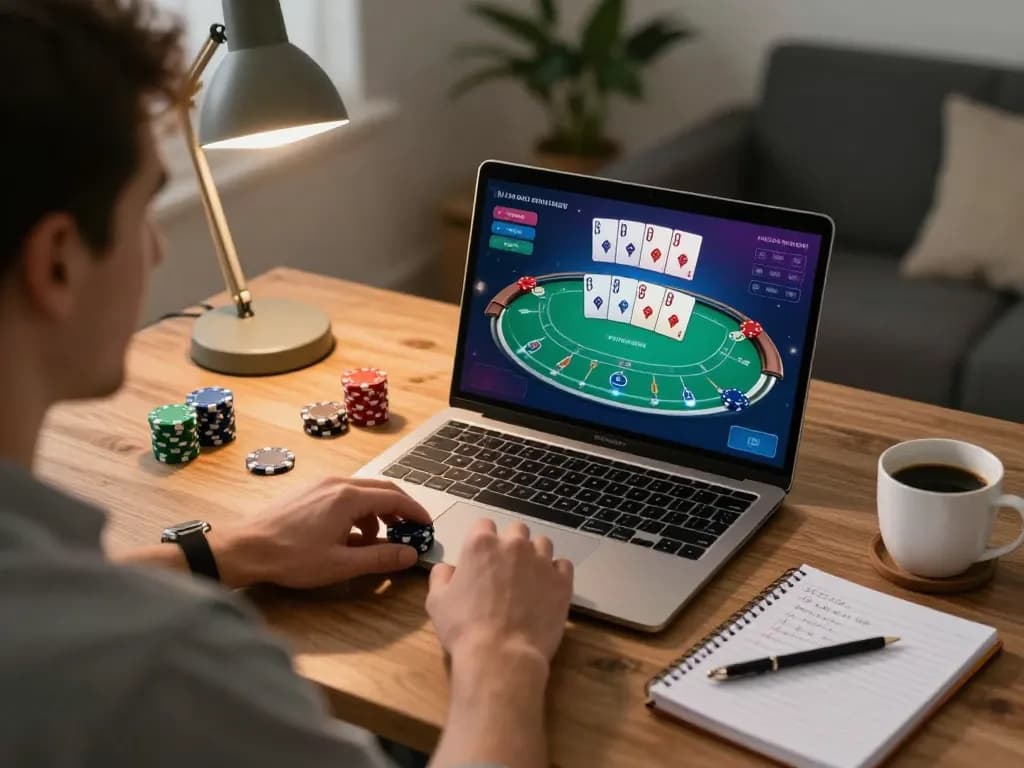 HUBET player strategies poker online, engaging in responsible gaming at home desk.