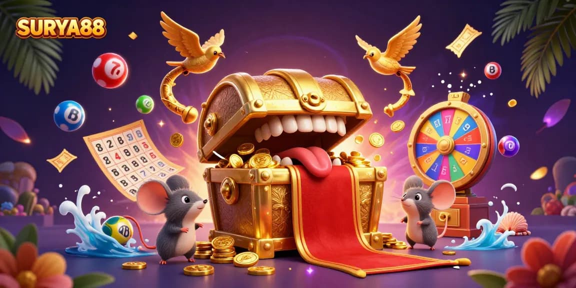 SURYA88 players engage with a golden treasure chest in an enchanted lottery scene filled with dynamic game elements.