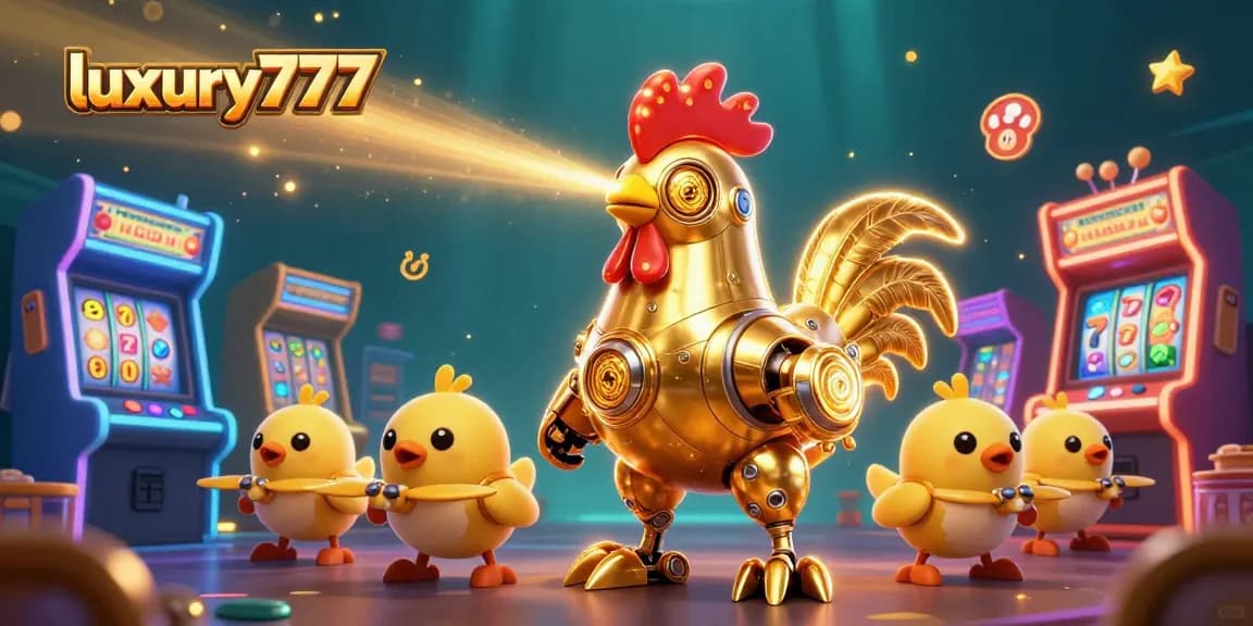 Permainan slot mewah luxury777 menampilkan robot ayam jantan berteknologi futuristik dengan efek laser yang memukau.