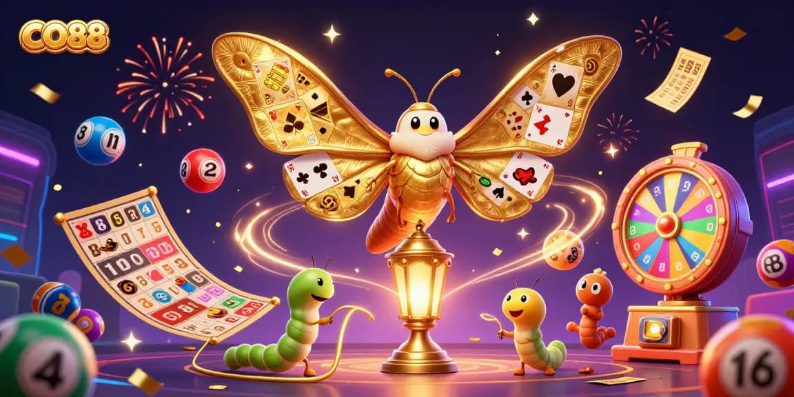 Engage with CO88 in a vibrant, dynamic casino scene featuring colorful lottery balls and festive elements.