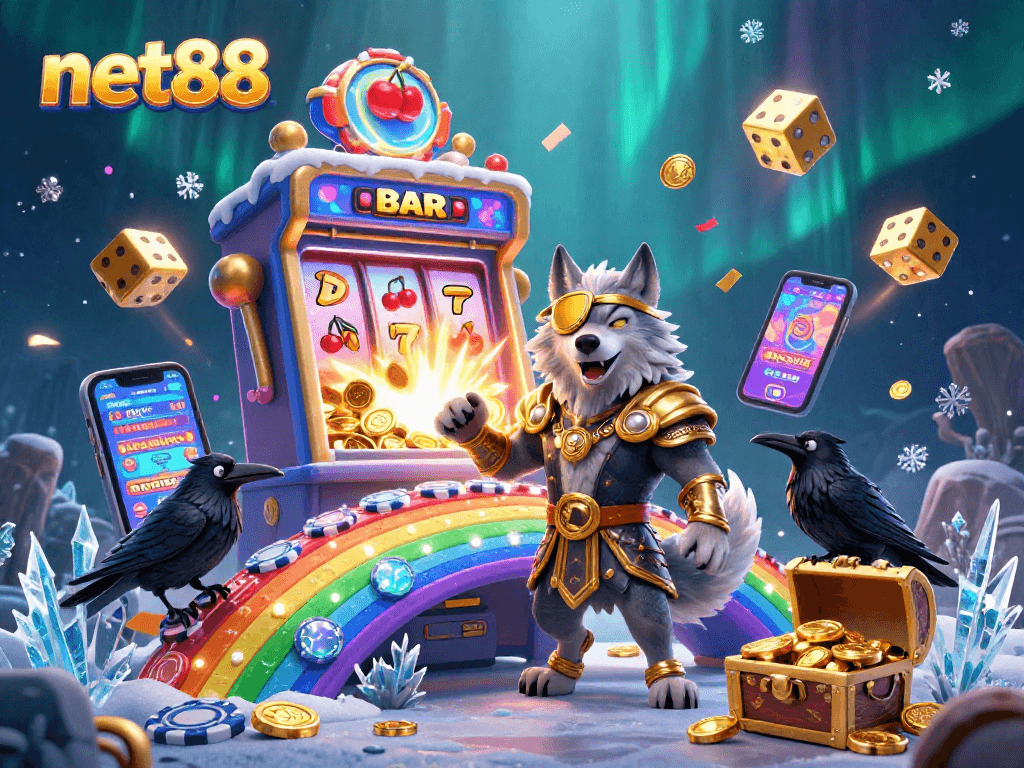 Engage with net88’s vibrant casino adventure featuring Odin and ravens in a rich jackpot scene.