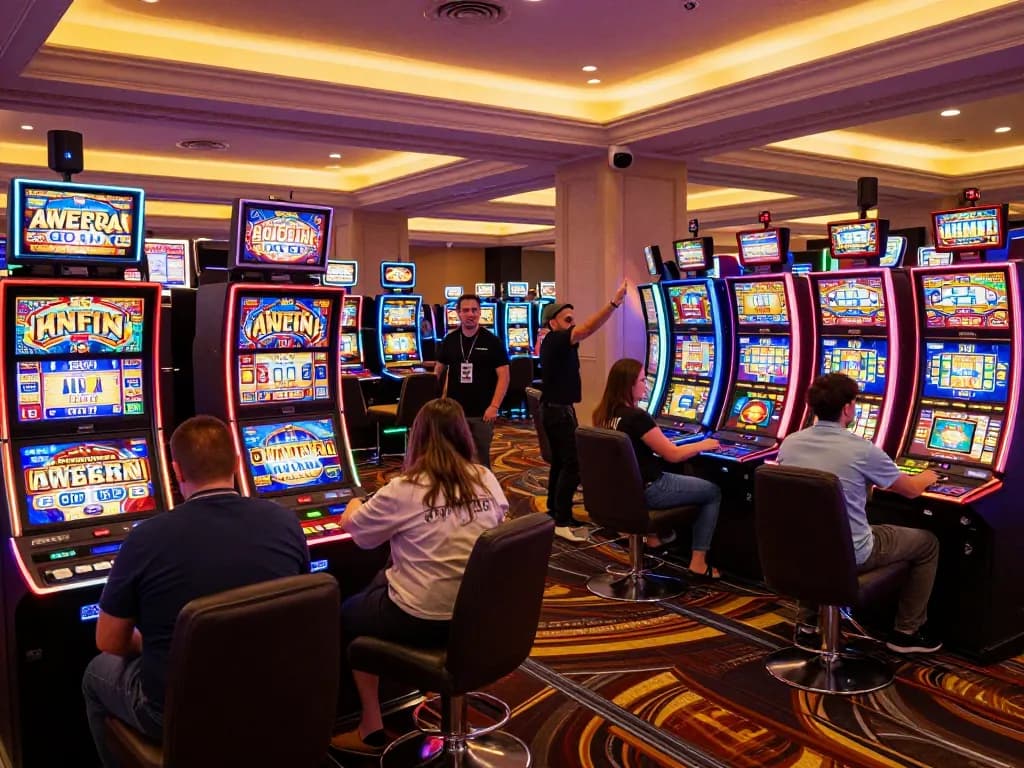 Players enjoying AW8 slot machines, vibrant energy and colorful lights in a lively casino scene