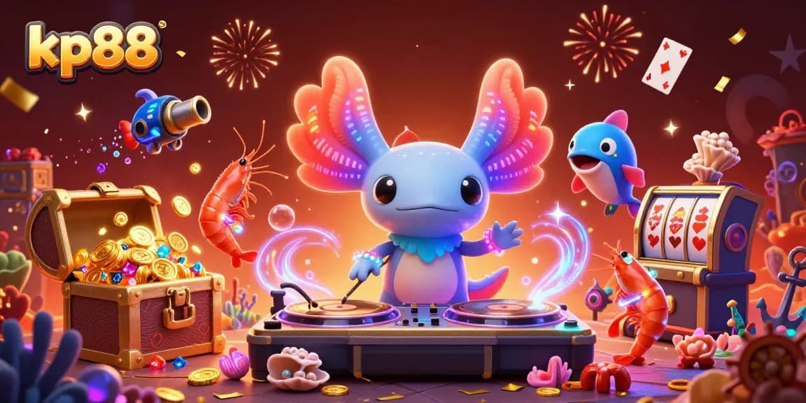 Experience vibrant kp88 casino fun with an exciting underwater party featuring a DJ axolotl spinning and treasure exploding.