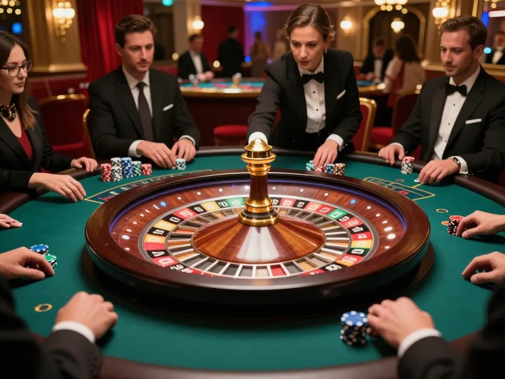 Pemain menikmati permainan roulette yang mendebarkan di popsplacebarandgrill, suasana kasino yang hidup dengan croupier memutar roda.