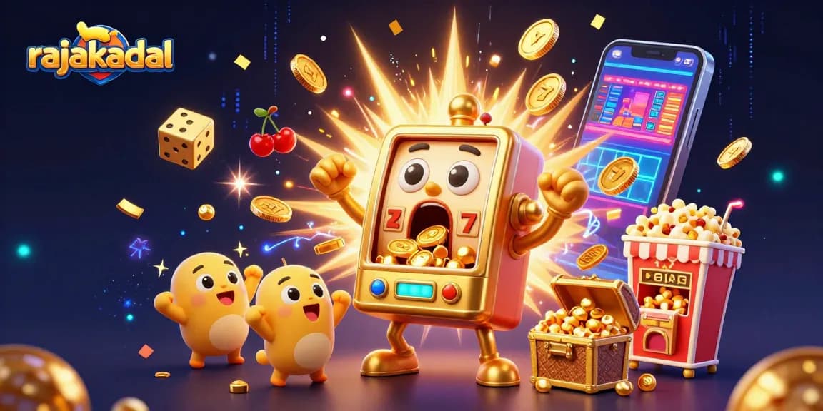 Slot jackpot di rajakadal dengan mesin slot emas besar yang kaget saat koin keluar, dikelilingi mesin kecil yang bersorak.