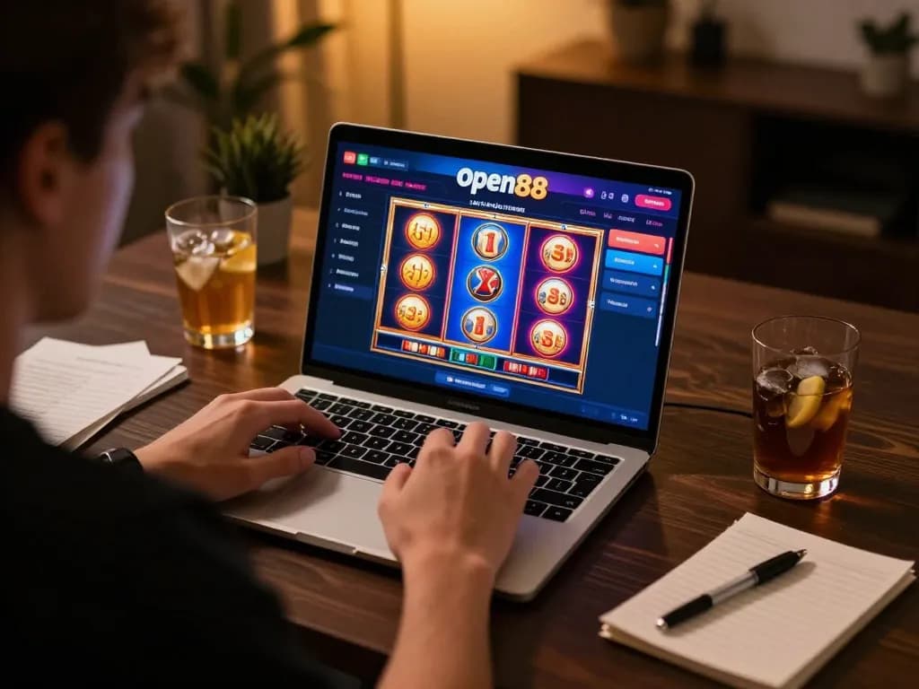 Player engaging with Open88 online casino, immersed in vibrant slot games.