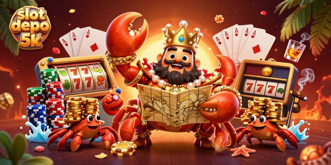 Experience the excitement of slot depo 5k with a golden crab emperor surrounded by colorful game elements.